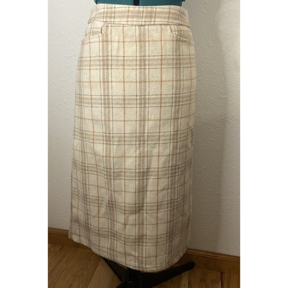 High Waist Beige Cream Brown Plaid Midi Skirt Size Med Lined And With Pockets - Picture 1 of 10